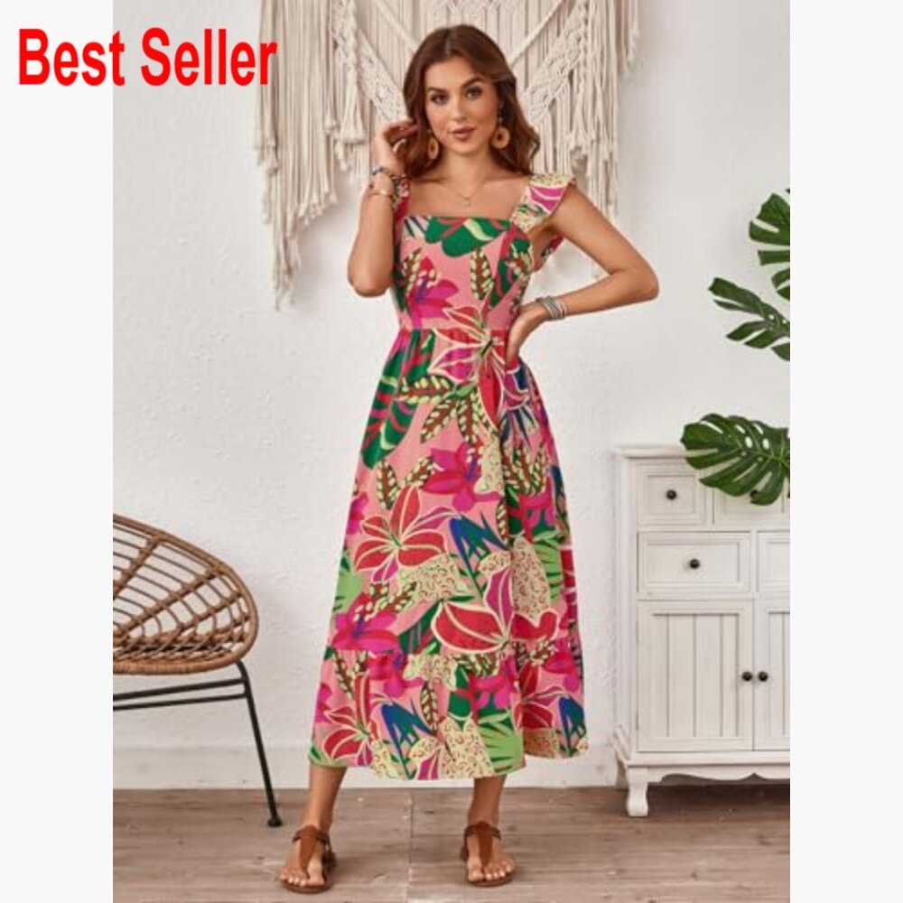 Polyester Elastane Square Neck A-Line Midi Dress … - image 3